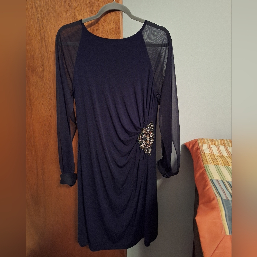 Eliza J Women's Elegant Navy Blue Lined Dress with Embellished Detail Size 12